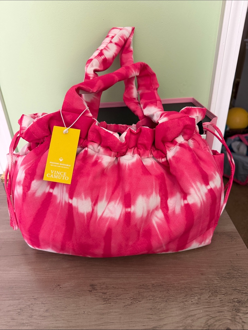 Vince Camuto Hot Pink and White Tie-Dye Ruched Shoulder Tote